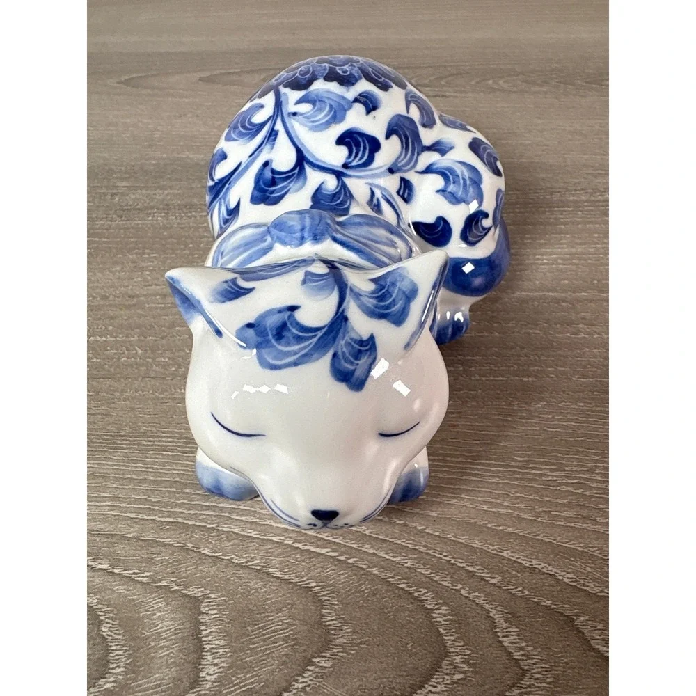 Vintage Cobalt Blue & White Flowers Sleeping Hand-Painted Collectible Cat w/ Bow